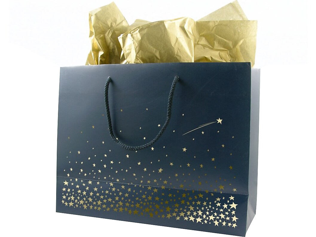 Baudville Stars Gift Bag, 10" x 13" x 5", Navy/Gold, 5/Pack (1391247P531)