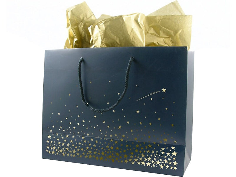 Baudville Stars Gift Bag, 10" x 13" x 5", Navy/Gold, 5/Pack (1391247P531)