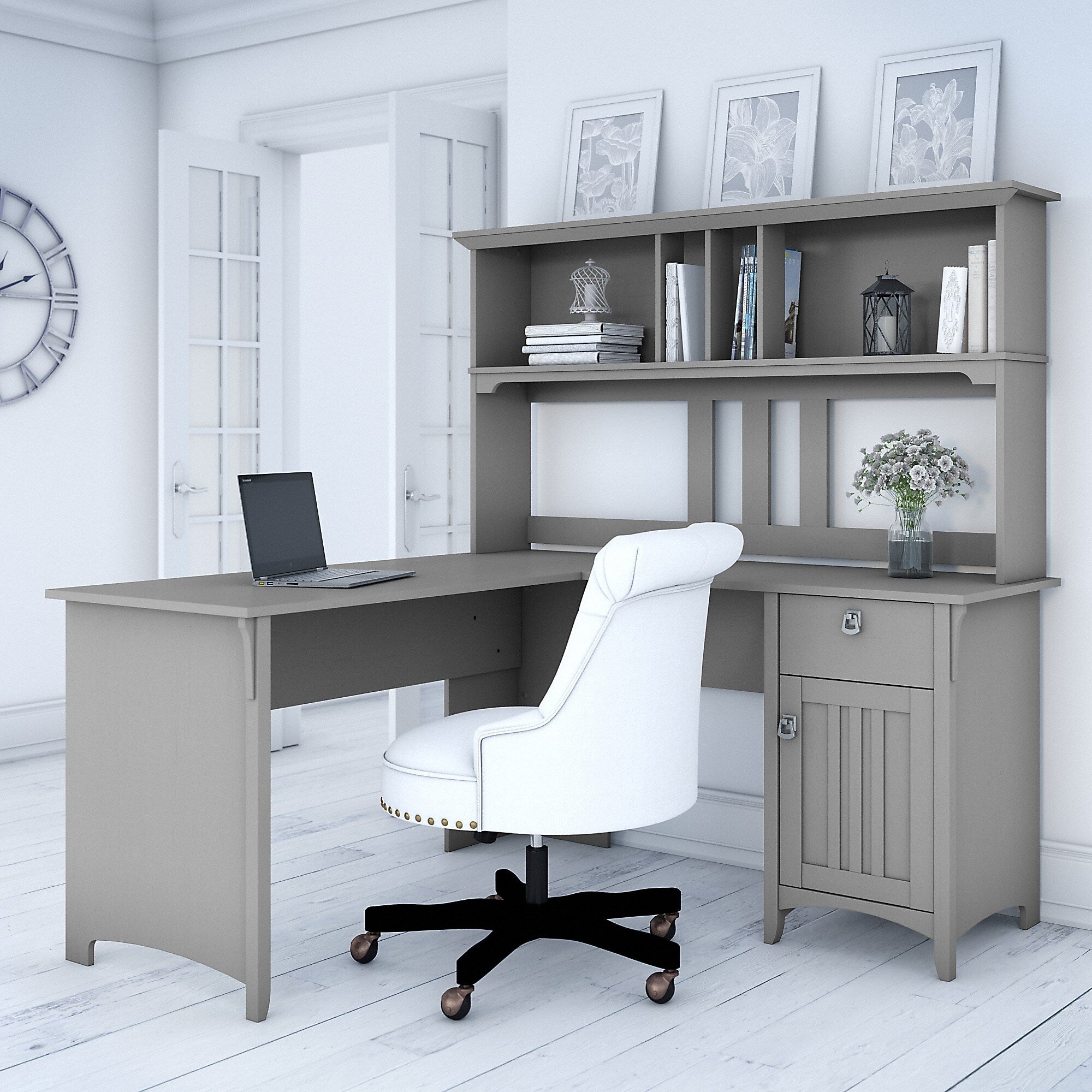 Bush Furniture Salinas 60"W L Shaped Desk with Hutch, Cape Cod Gray (SAL004CG)