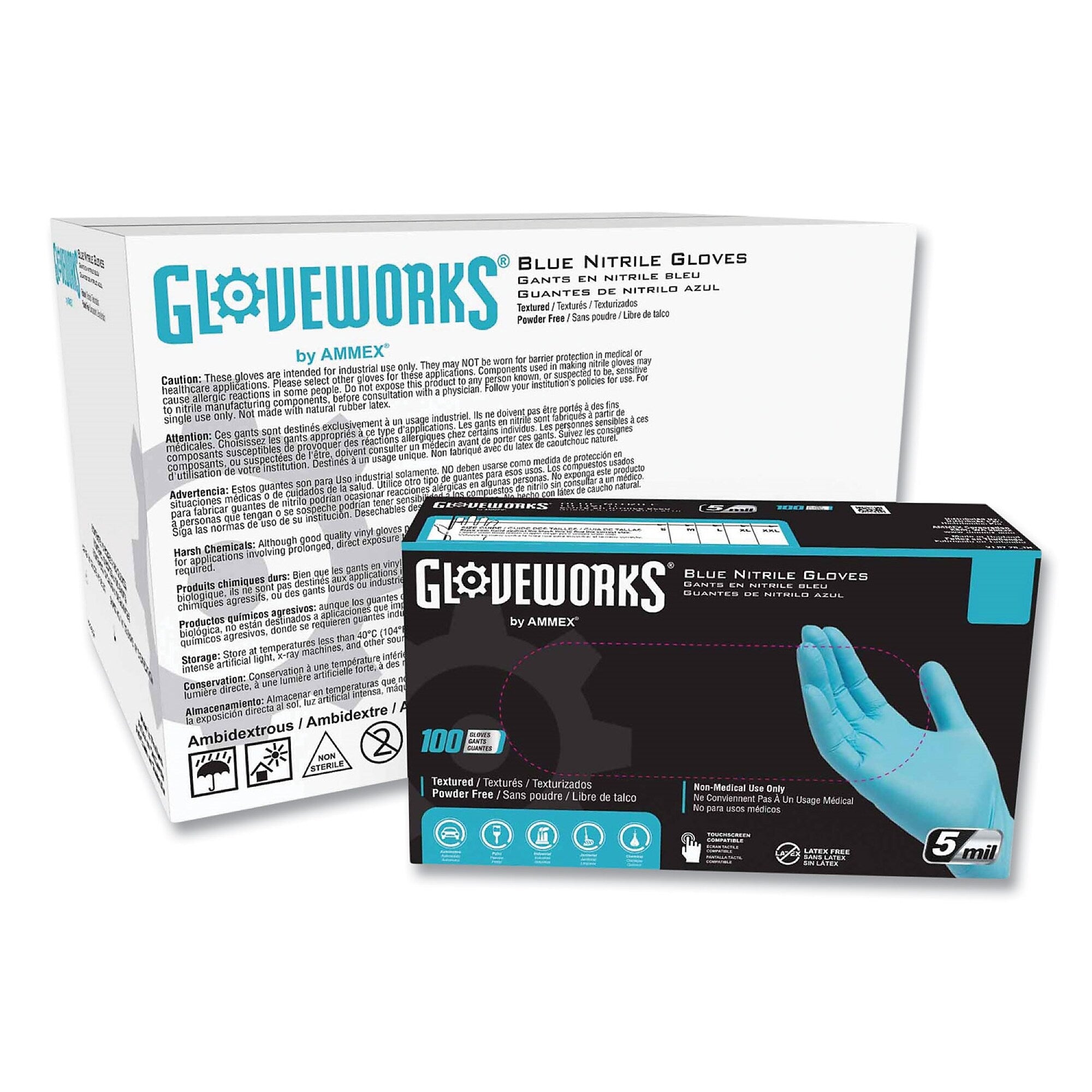 GloveWorks by AMMEX Industrial Nitrile Gloves, Powder-Free, 5 mil, Small, Blue, 100 Gloves/Box, 10 Boxes/Carton