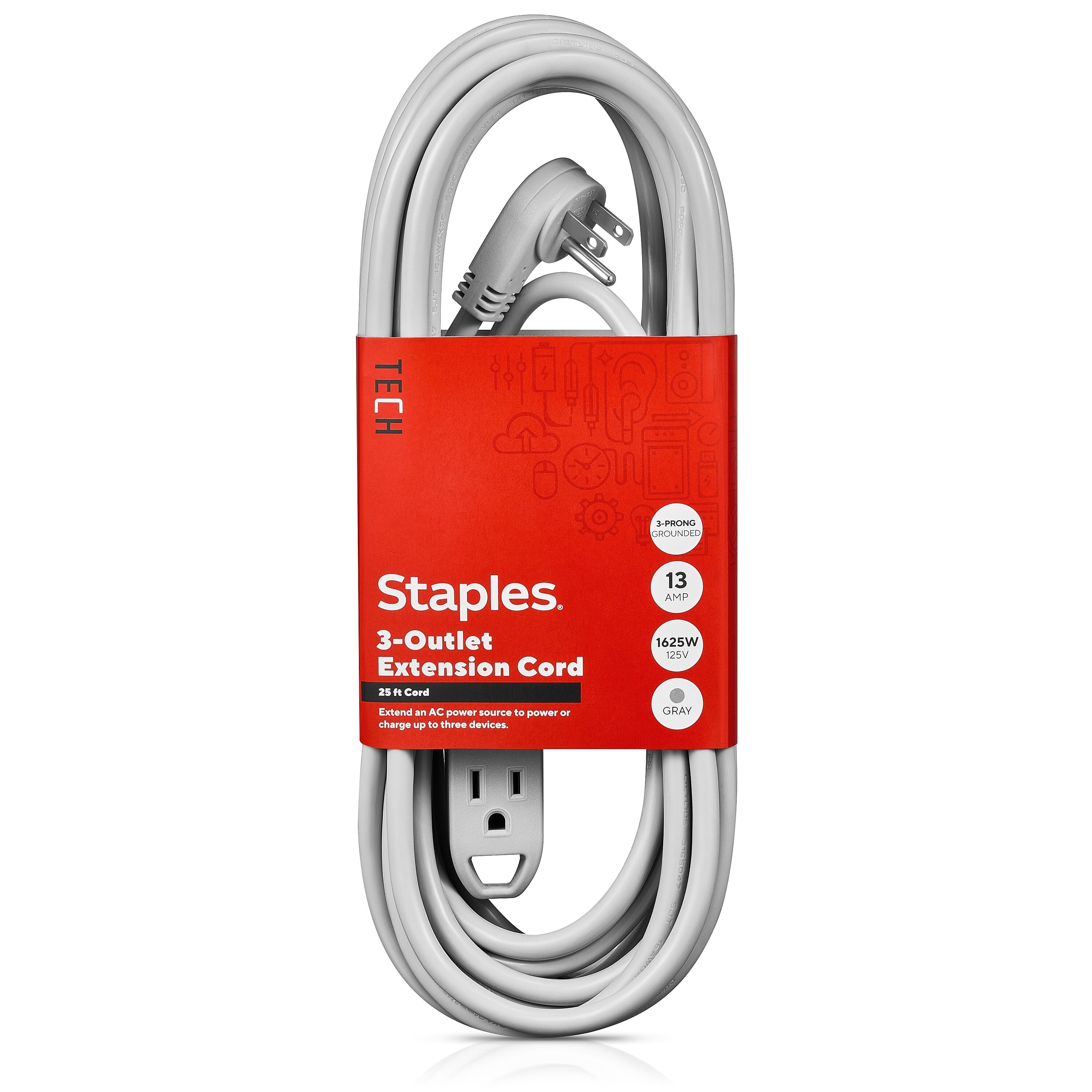 Staples TECH 25' Extension Cord, 3-Outlet, 16 AWG, Gray, 2/Pack (ST62346)