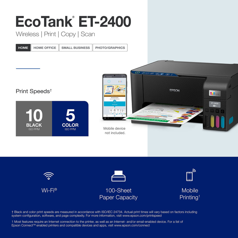 Epson EcoTank ET-2400 Wireless Color Inkjet Printer, All-In-One Supertank, Print, Scan, Copy (9592581)