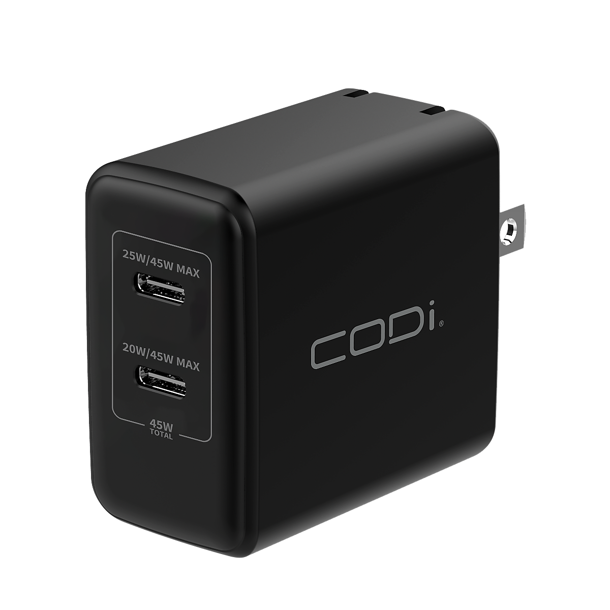 CODi PowerLine+ Dual USB-C Wall Charger, 45W, Black (WC045-2C)