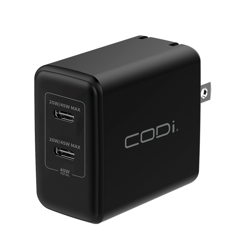 CODi PowerLine+ Dual USB-C Wall Charger, 45W, Black (WC045-2C)