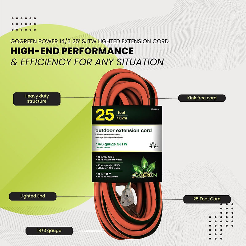 GoGreen Power 25' Indoor/Outdoor Extension Cord, 14 AWG, Orange (GG-13825)