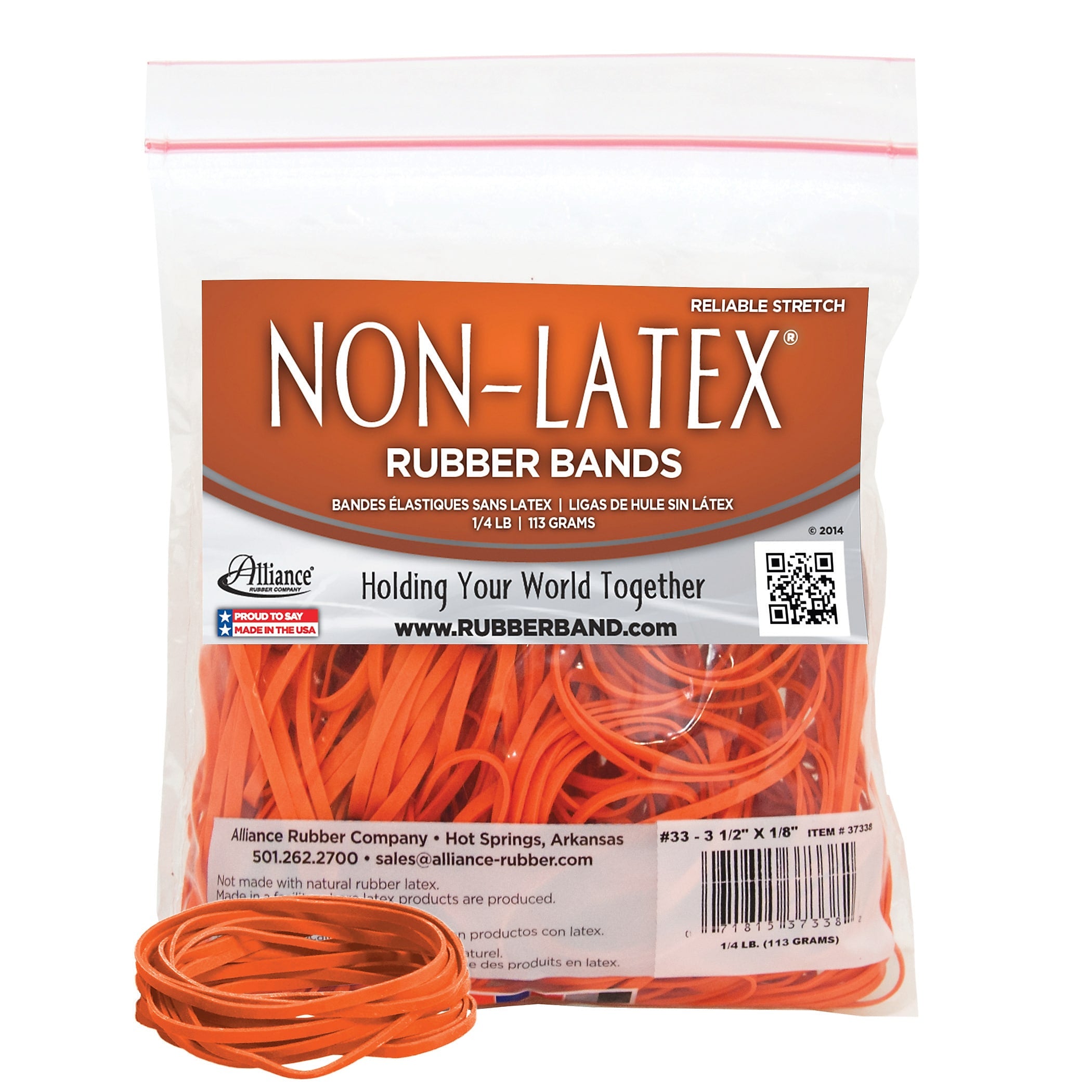 Alliance Non-Latex Multi-Purpose #33 Rubber Bands, 3-1/2" x 1/8", Non-Latex, Orange, 180/Pack (37338)
