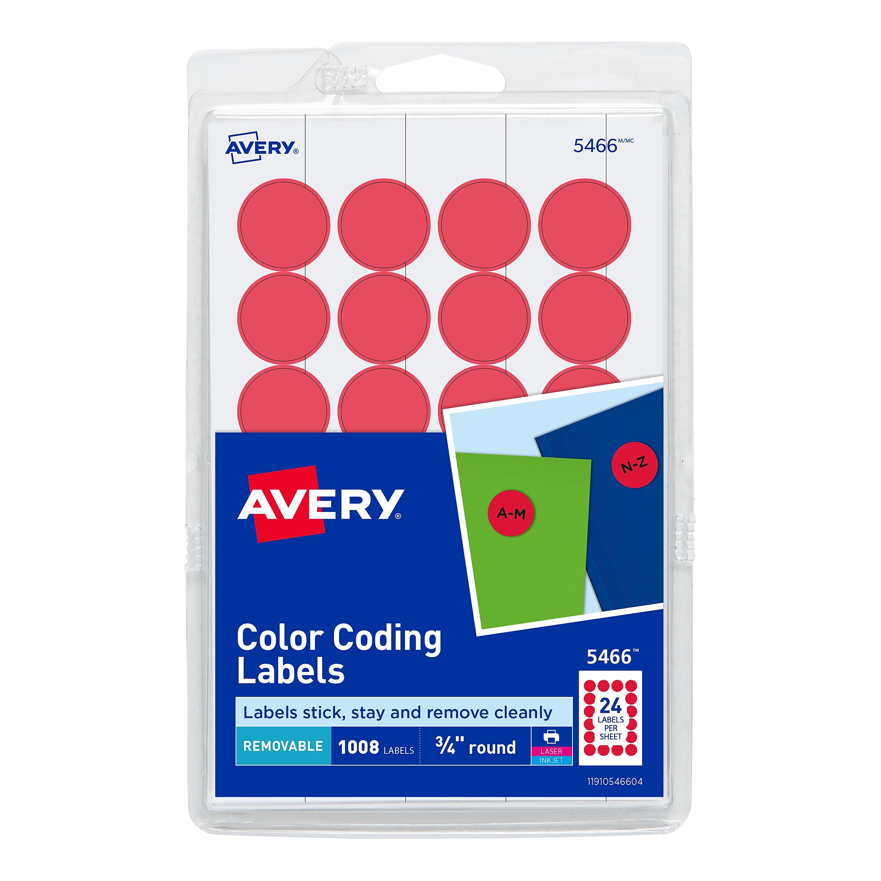 Avery Laser/Inkjet Color-Coding Labels, 3/4" Dia, Red, 1,008 Labels/Pack (5466)