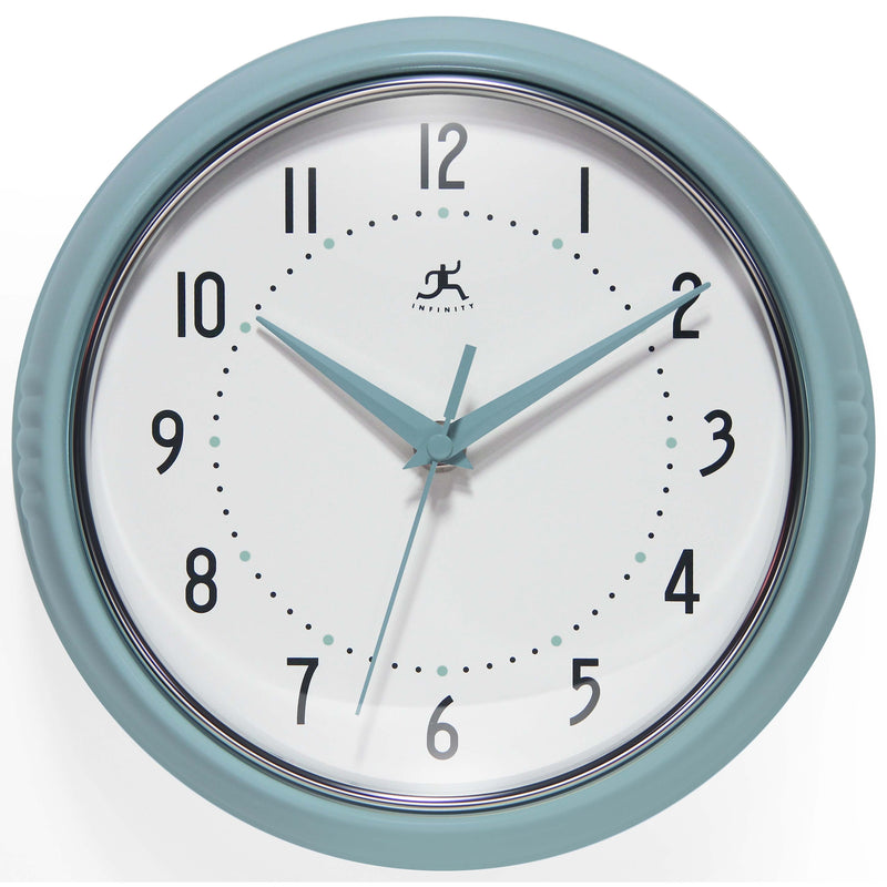 Infinity Instruments Round Retro Baby Blue Wall Clock, Aluminum, 9.5" (10940BB)