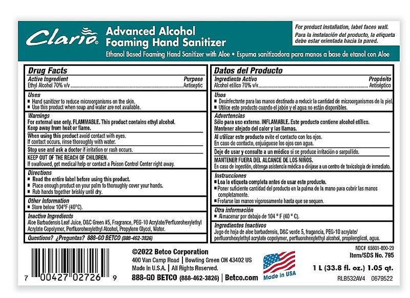 Betco Clario Advanced Alcohol Foaming Sanitizer, 1,000 mL Bag, Citrus, 6/Carton (BET7952900)