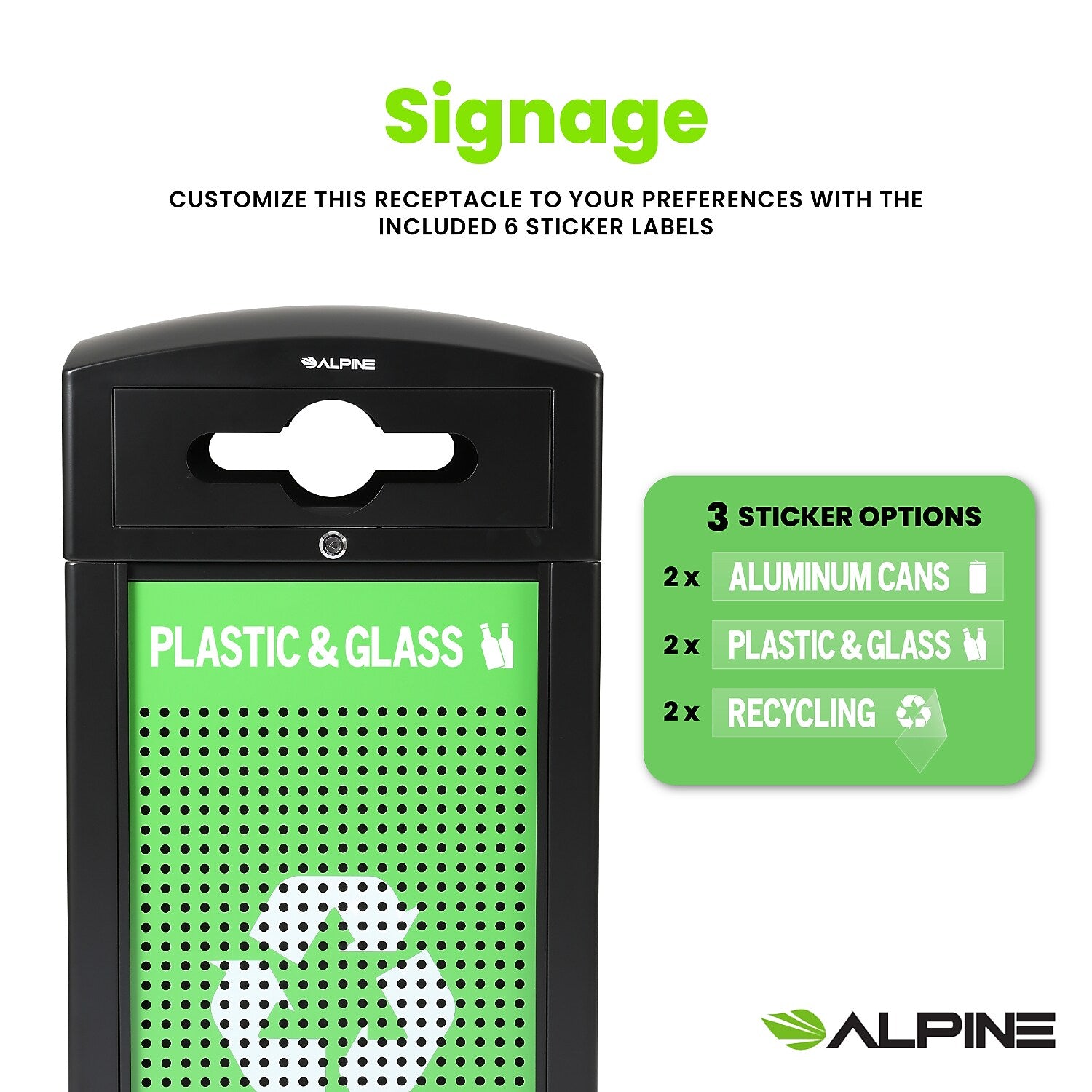Alpine Industries GS Series Steel Trash Can & Recycling Bin Combo, 80 Gallon, Green (ALP471-40-SILGC-MK)