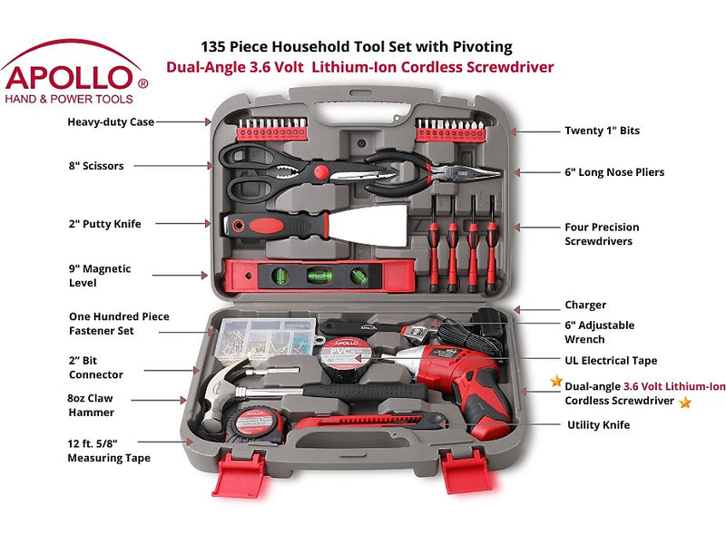 Apollo Tools Household Tool Set, 135-Piece, Gray/Red (DT0773)