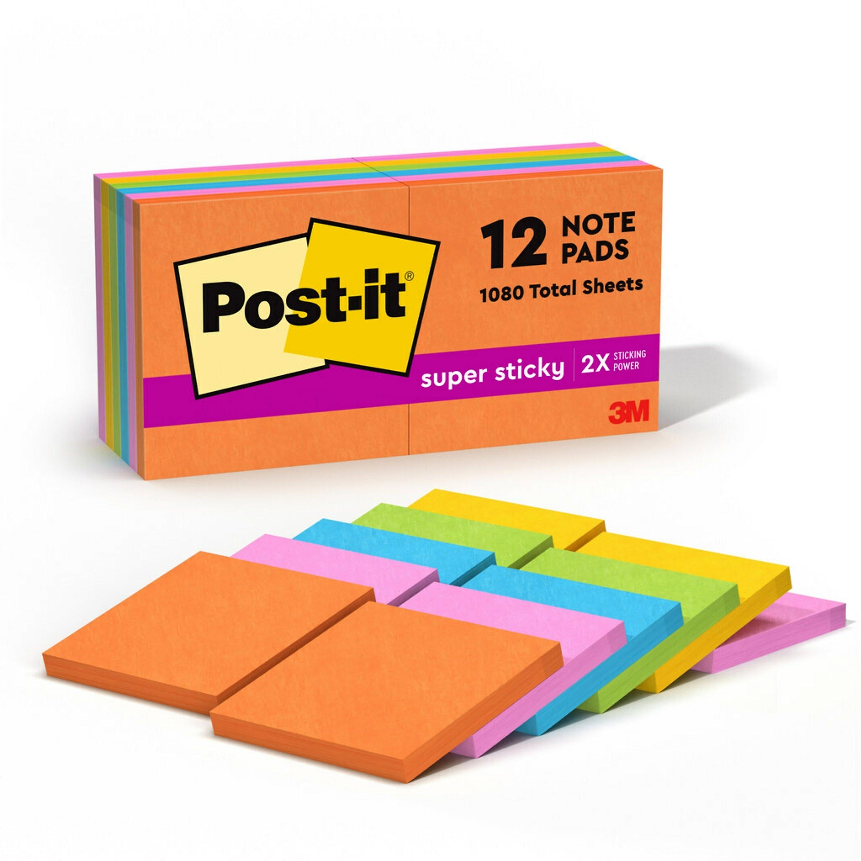 Post-it Super Sticky Notes, 3" x 3", Energy Boost Collection, 90 Sheet/Pad, 12 Pads/Pack (65412SSUC)