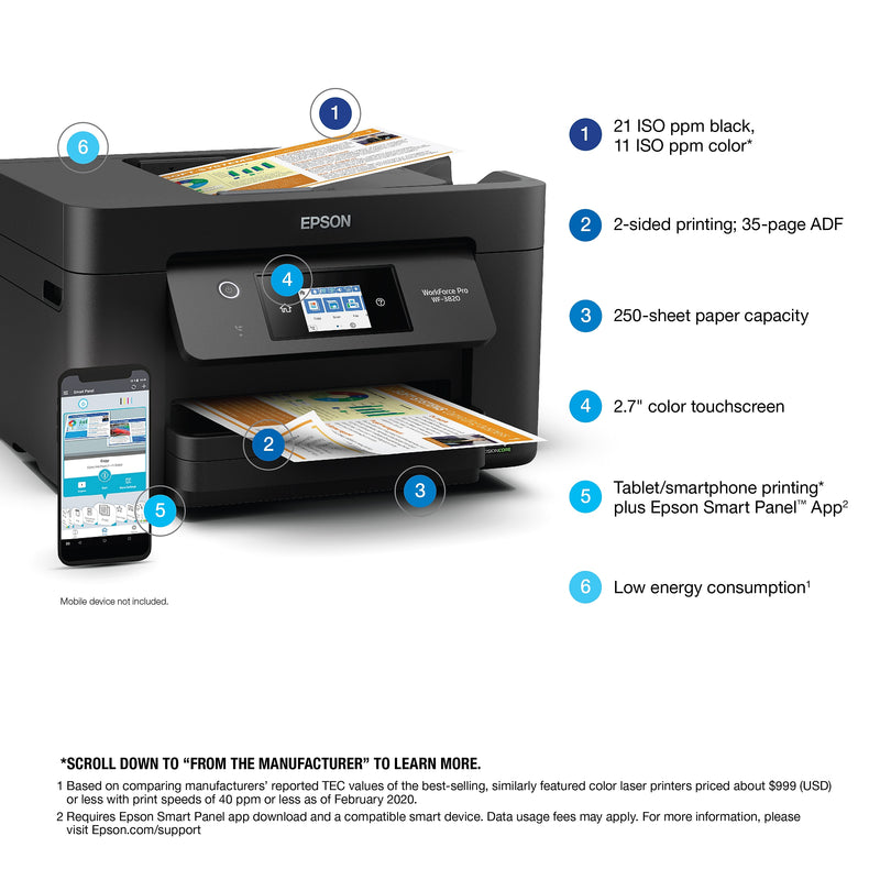Epson WorkForce Pro WF-3820 Wireless Color Inkjet Printer, All-In-One, Print, Scan, Copy, Fax (9472526)