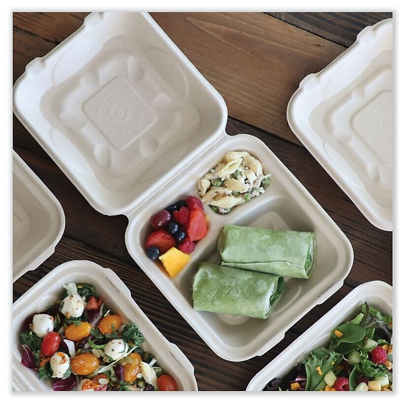 World Centric Fiber Hinged Containers, 9.2" x 9.1" x 3.2", Natural, Paper, 300/Carton (WORTOSCU9LFP)