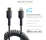 StarTech USB-C to Lightning MFi Certified Coiled iPhone Charger Cable, 3 ft., Black (RUSB2CLT1MBC)