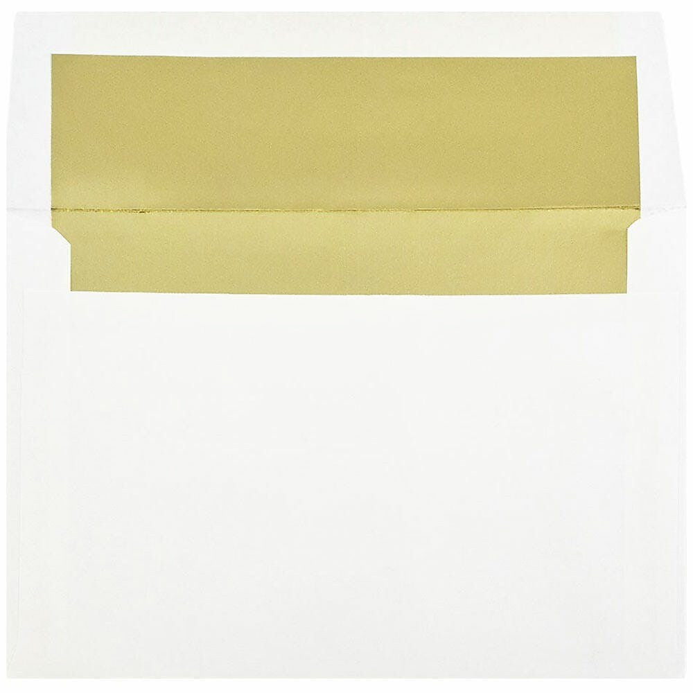 JAM Paper A8 Booklet Envelope, 5 1/2" x 8 1/8", White with Gold Foil, 100/Pack (3243664d)