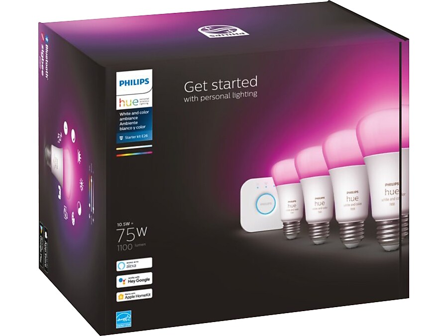 Philips Hue White Starter Kit, A19 16 Million Colors 10.5W E26 (563296)