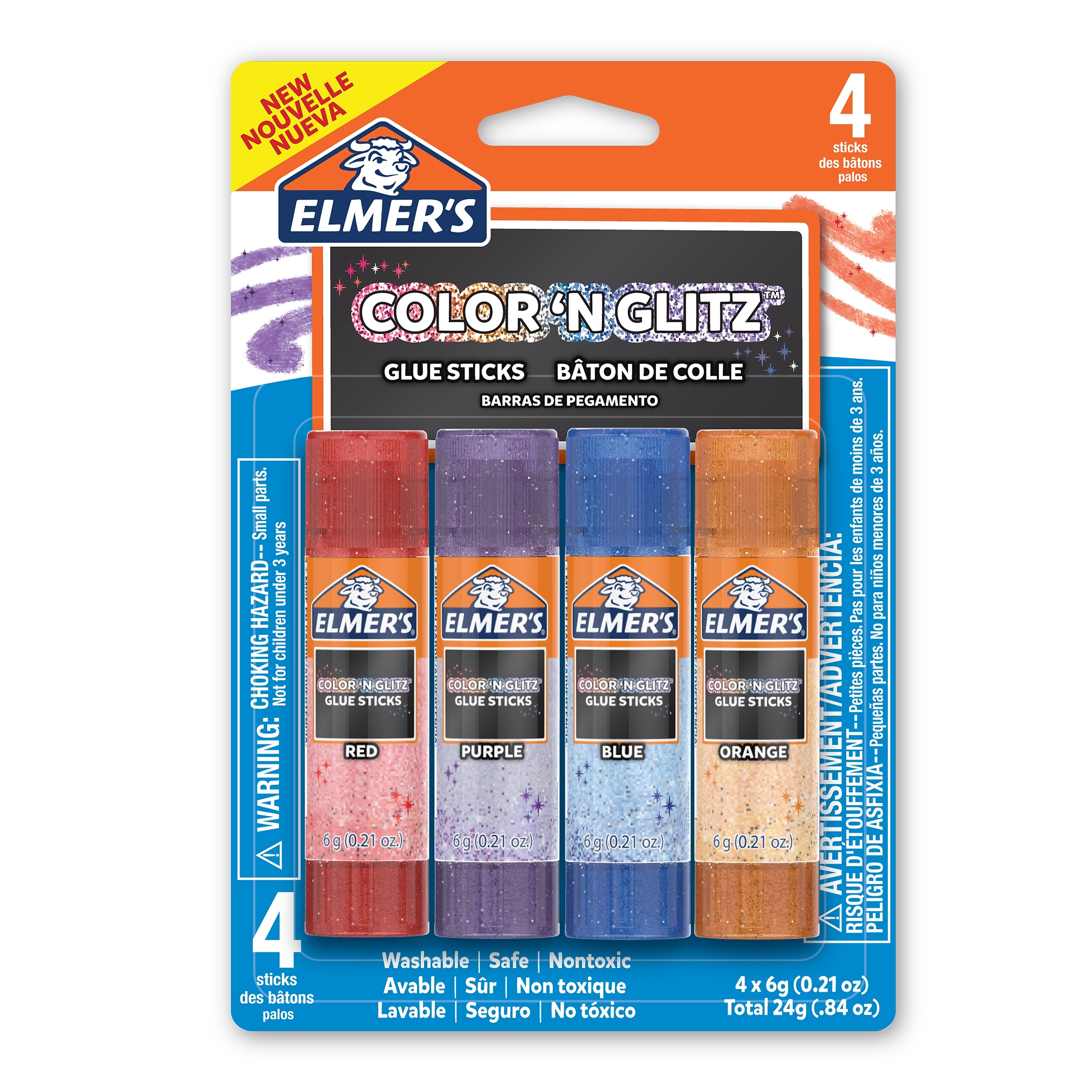 Elmer’s Color 'n Glitz Glue Sticks, Washable, Assorted Colors, 0.21 oz, 4/Pack