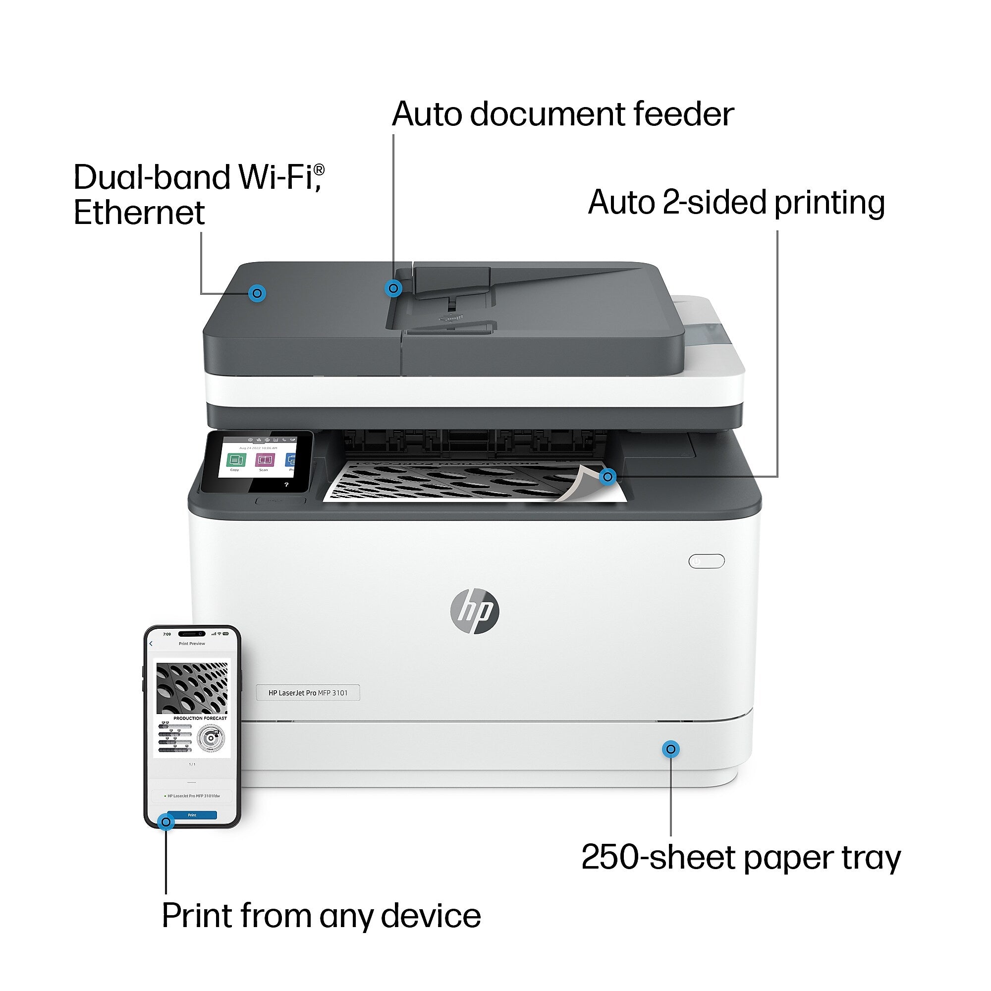 HP LaserJet Pro MFP 3101fdw Wireless Black & White All-in-One Laser Printer, Print, Scan, Copy, Fax, Best for Office (3G628F)