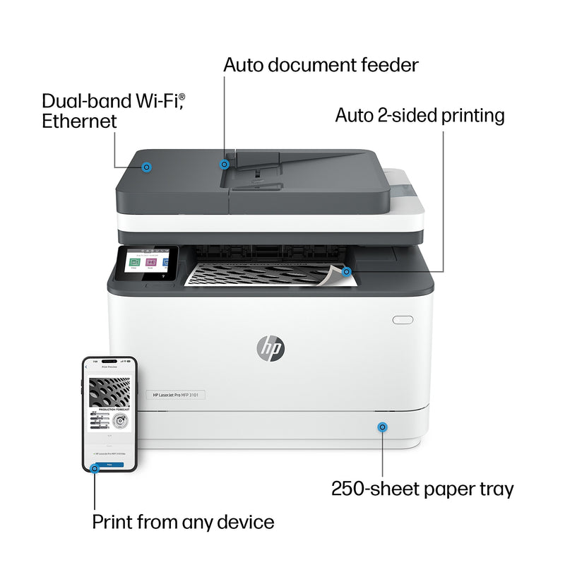 HP LaserJet Pro MFP 3101fdw Wireless Black & White All-in-One Laser Printer, Print, Scan, Copy, Fax, Best for Office (3G628F)