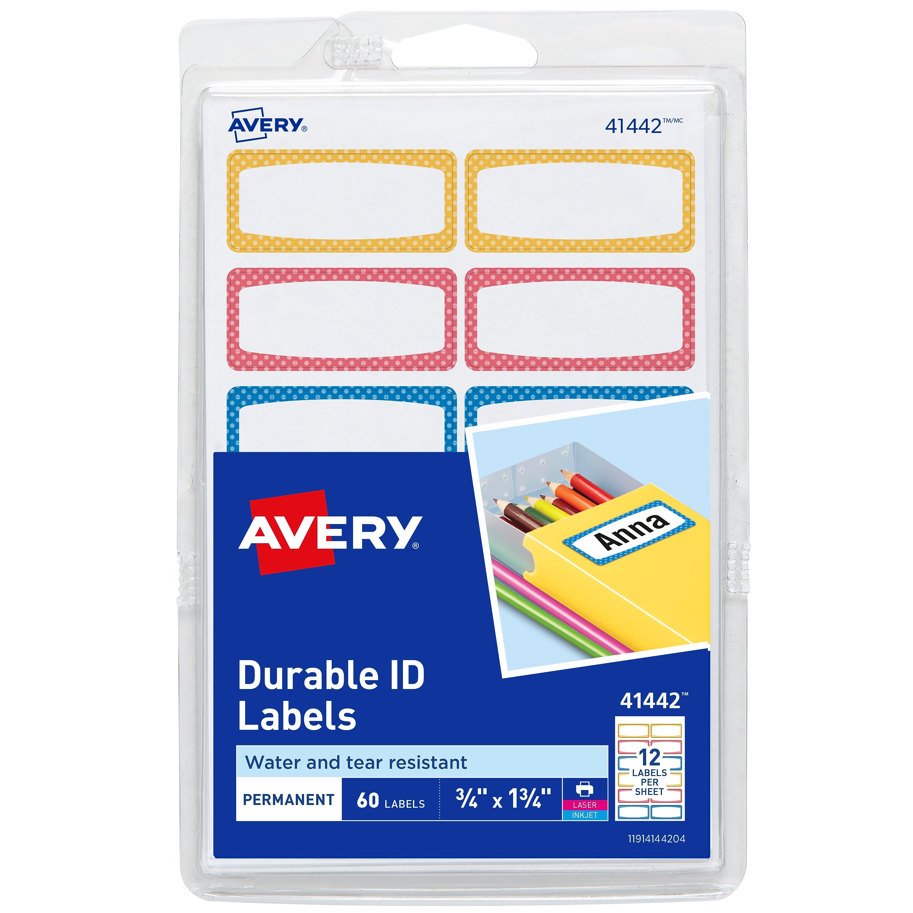 Avery Water-Resistant Laser/Inkjet ID Labels on 4" x 6" Sheets, 3/4" x 1-3/4", Assorted Border Colors, 60 Labels/Pack (41442)