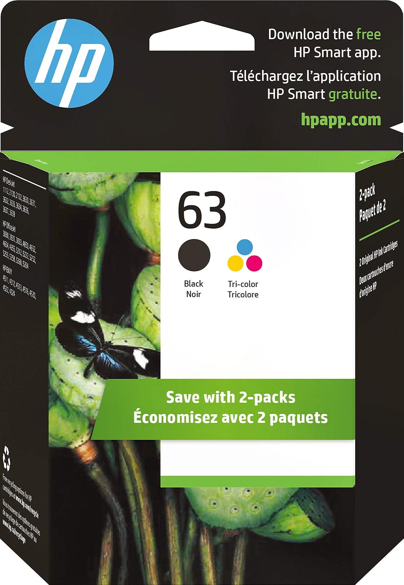 HP 63 Black/Tri-Color Standard Yield Ink Cartridge, 2/Pack (L0R46AN#140)