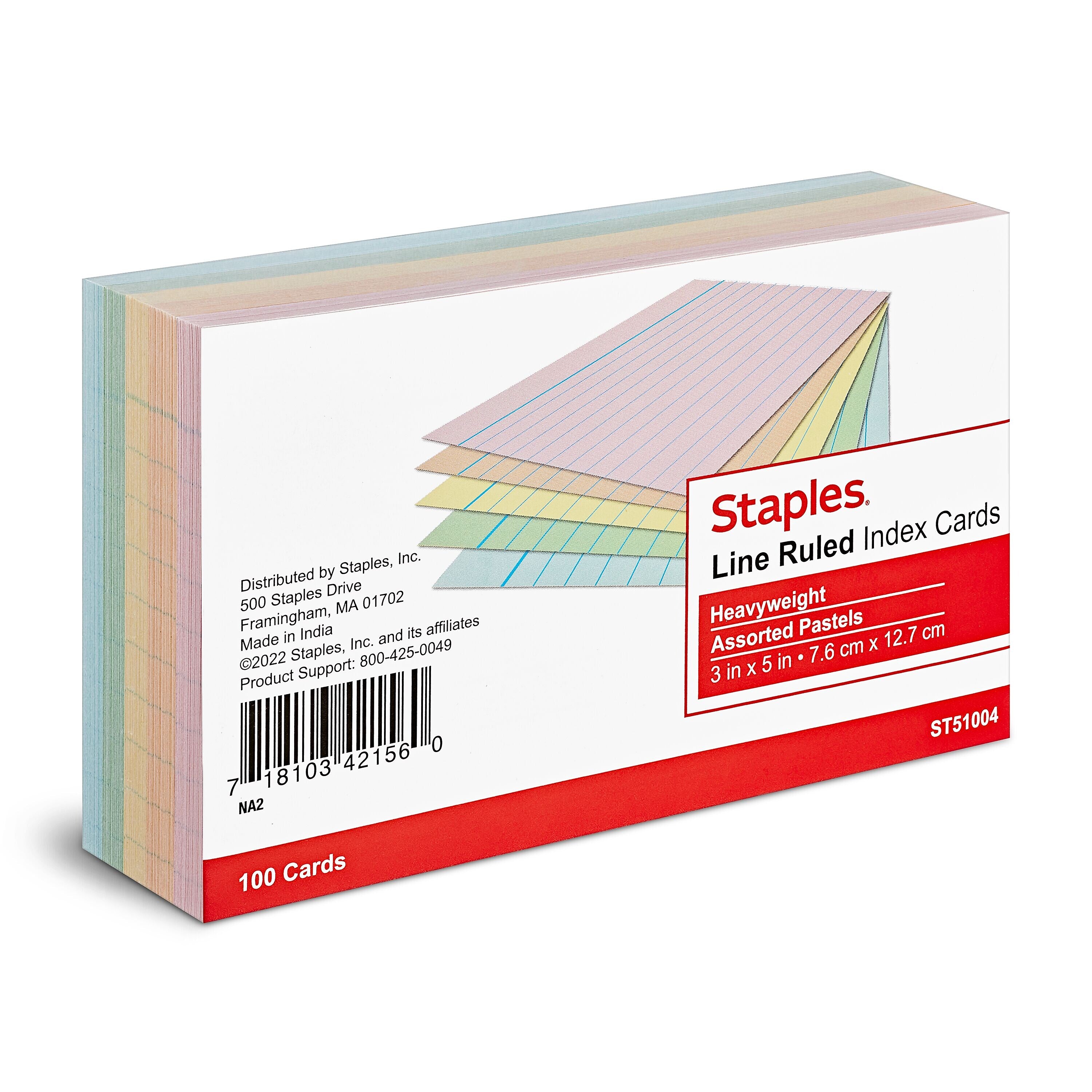 Staples 3" x 5" Index Cards, Lined, Assorted Colors, 100/Pack (TR51004)