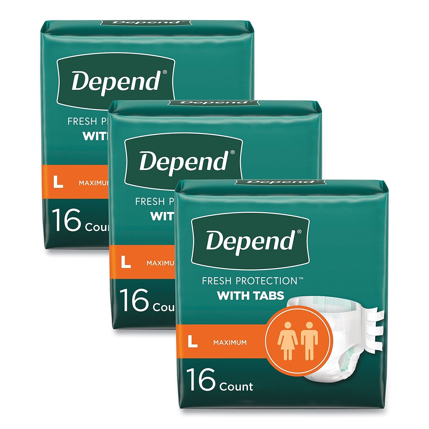 Depend Incontinence Protection Diapers with Tabs, Large, 35" to 49" Waist, 16/Pack, 3 Packs/Carton (35458)