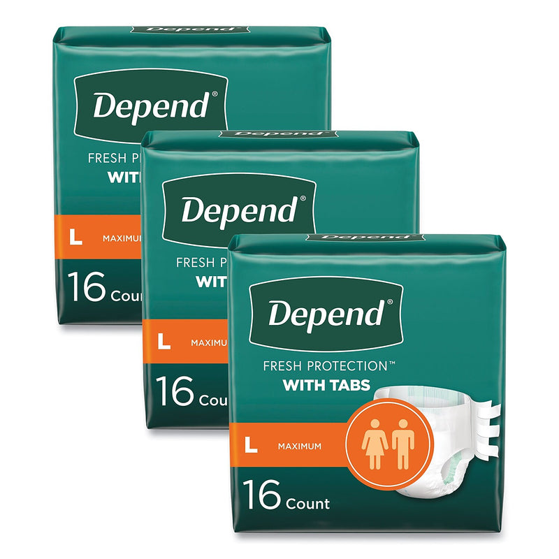 Depend Incontinence Protection Diapers with Tabs, Large, 35" to 49" Waist, 16/Pack, 3 Packs/Carton (35458)