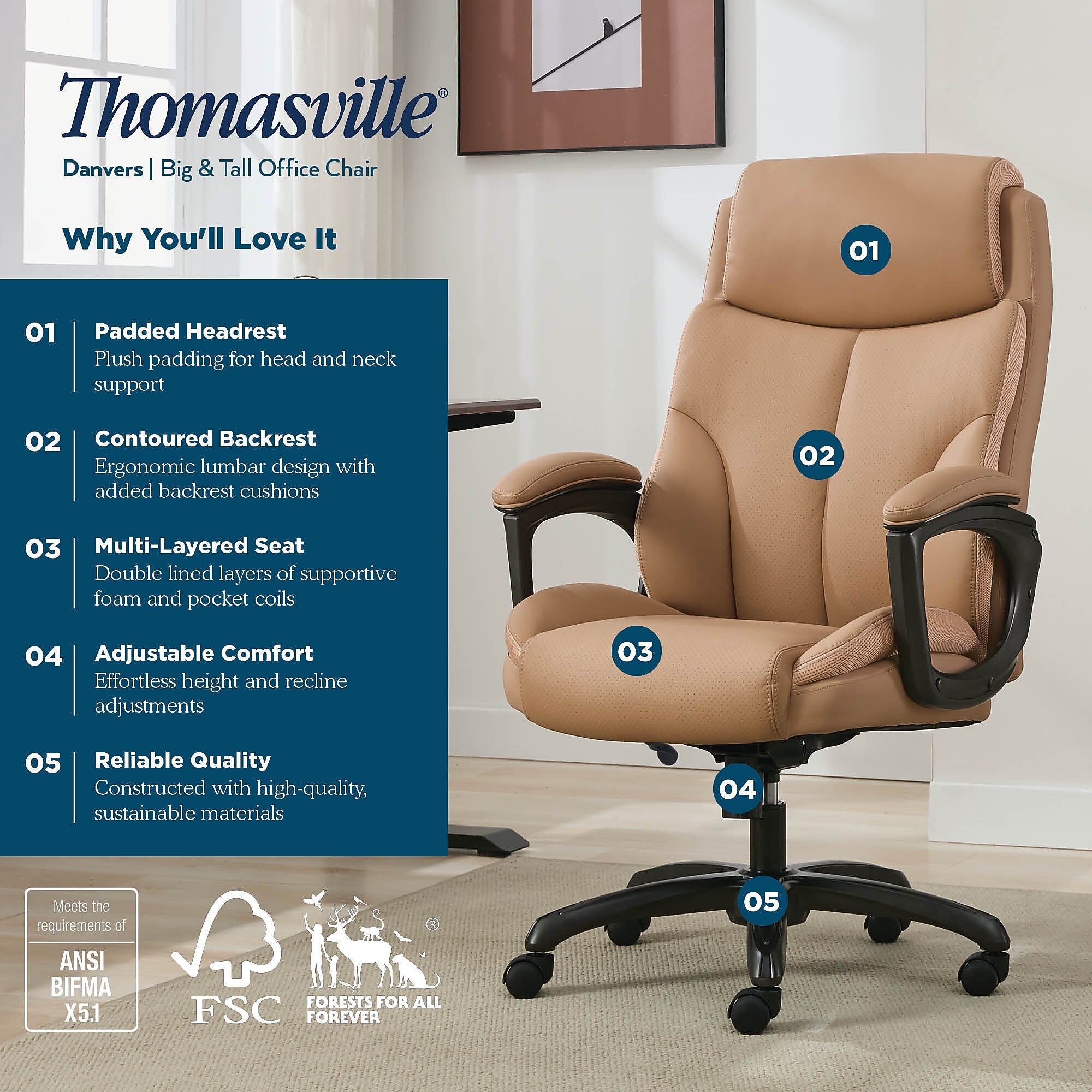 Thomasville Danvers Ergonomic Polyurethane Big & Tall Chair, 400 lb. Capacity, Light Tan (52403-TAN)