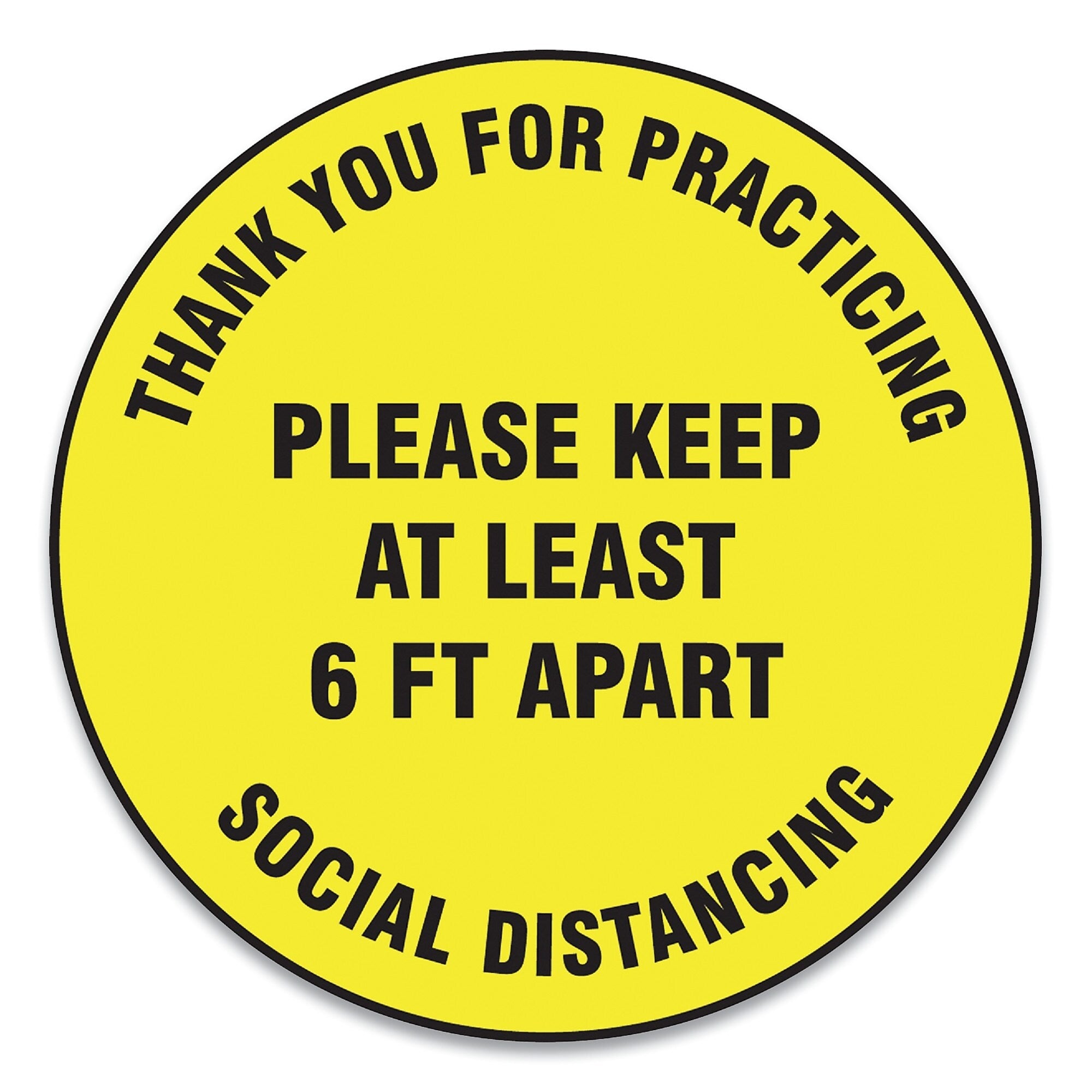 Accuform Slip-Gard Floor Signs, 12" Circle,"Thank You For Practicing Social Distancing...", Yellow, 25/PK (GN1MFS426ESP)