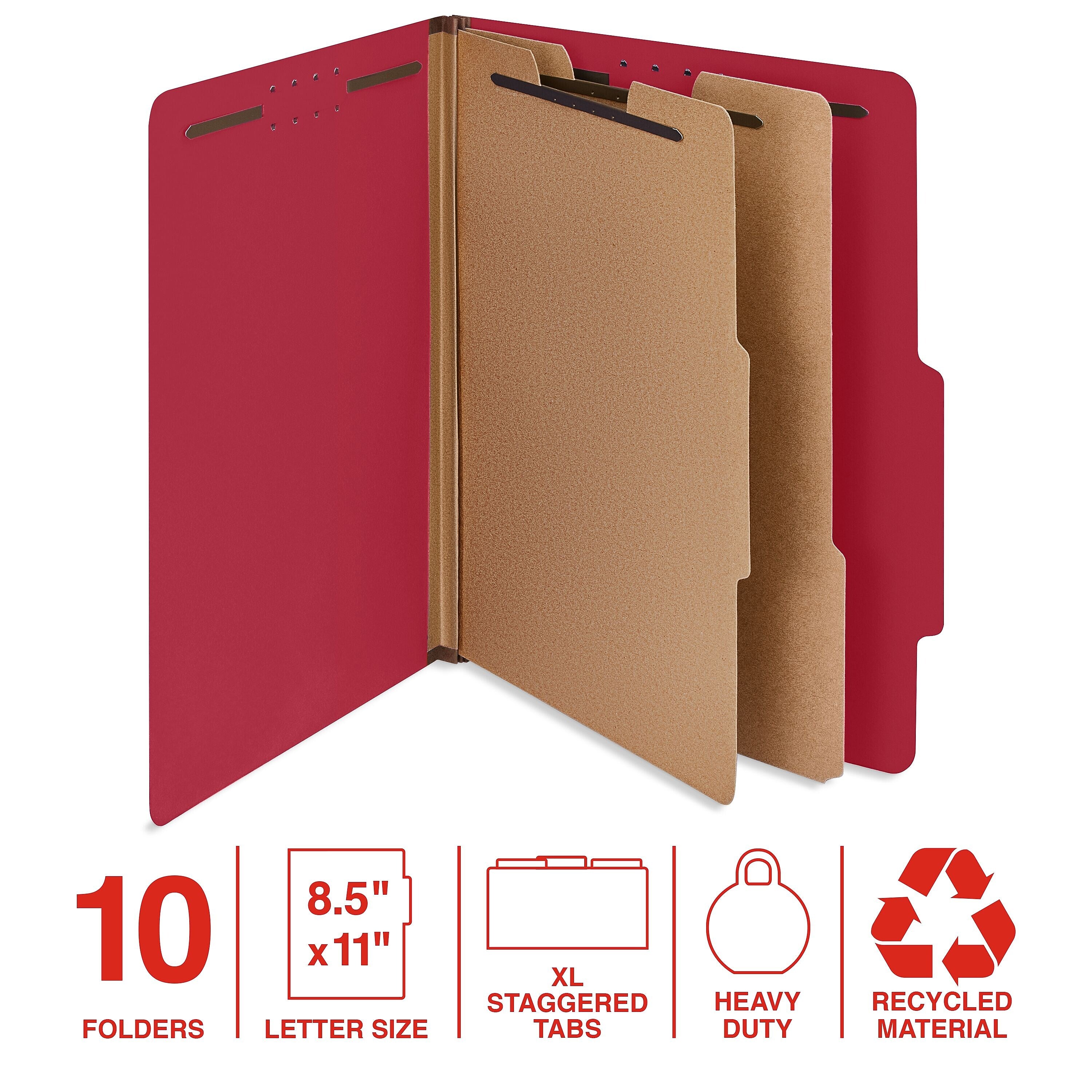 Staples 100% Recycled Heavy Duty Classification Folder, 2-Dividers, 2" Expansion, Letter Size, Bright Red, 10/Box (ST62559)