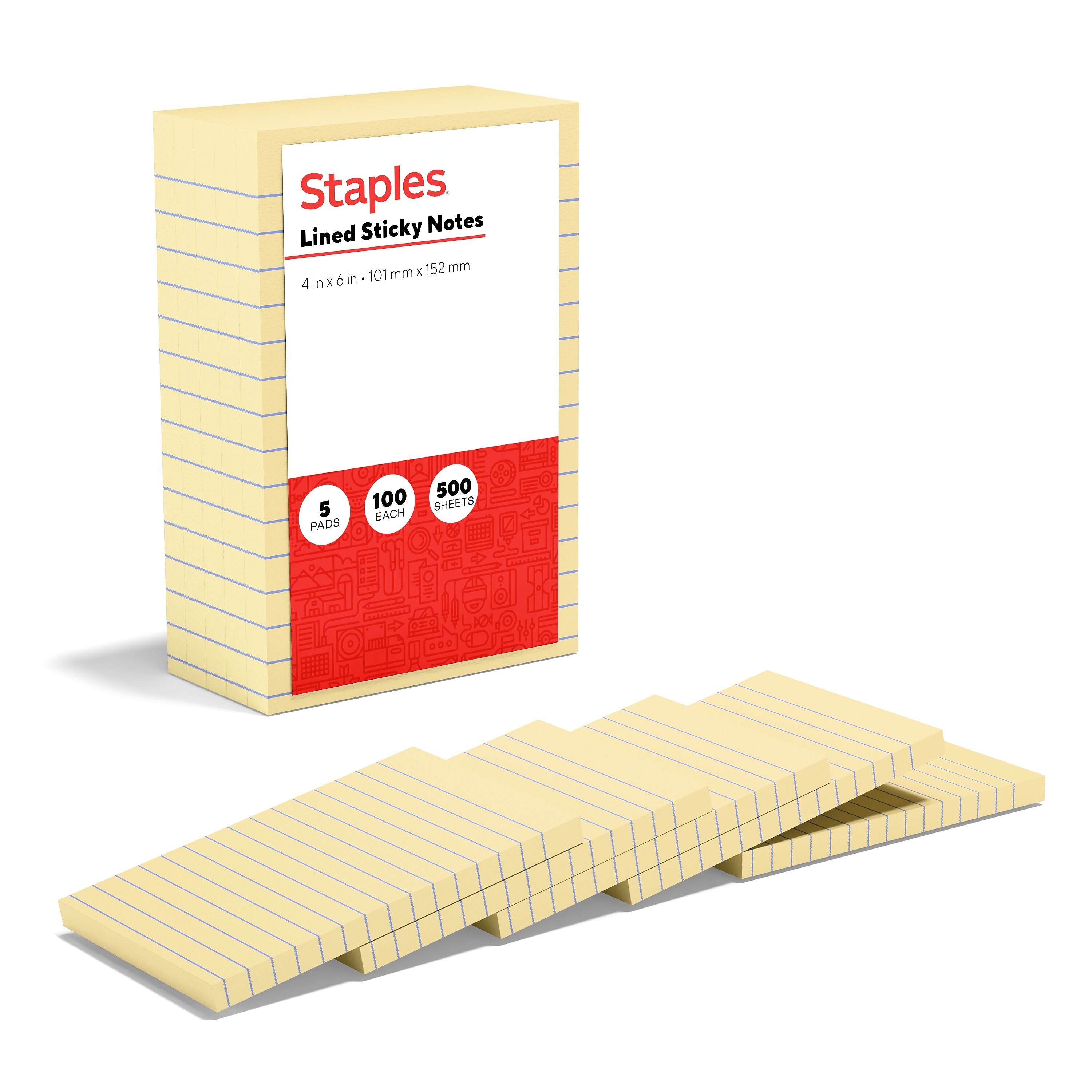 Staples Recycled Sticky Notes, 4" x 6", Sunshine Collection, Lined, 100 Sheets/Pad, 5 Pads/Pack (S46YR/552572)