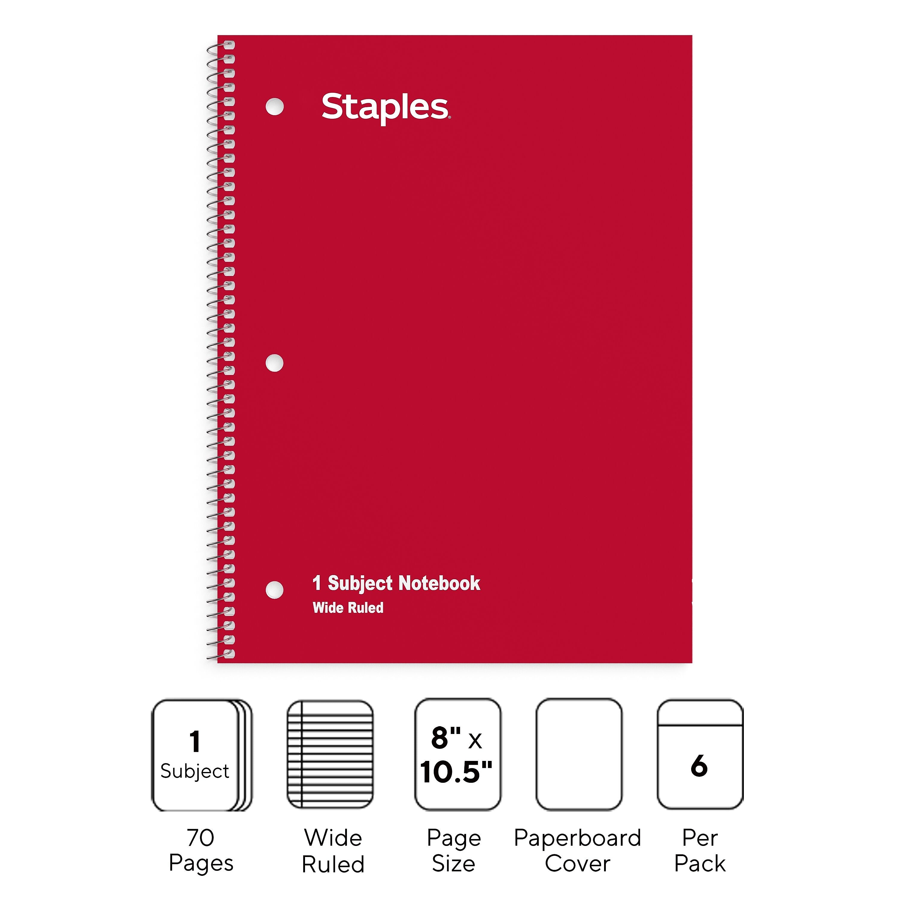 Staples 1-Subject Notebooks, 8" x 10.5", Wide Ruled, 70 Sheets, Assorted Colors, 6/Pack (ST11667C)