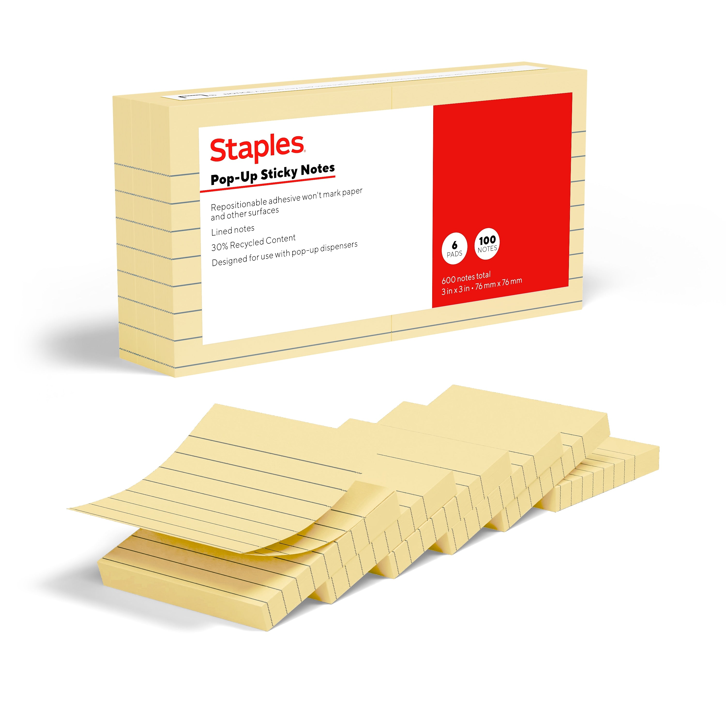 Staples Pop-up Sticky Notes, 3" x 3", Sunshine Collection, Lined, 100 Sheets/Pad, 6 Pads/Pack (ST62874)