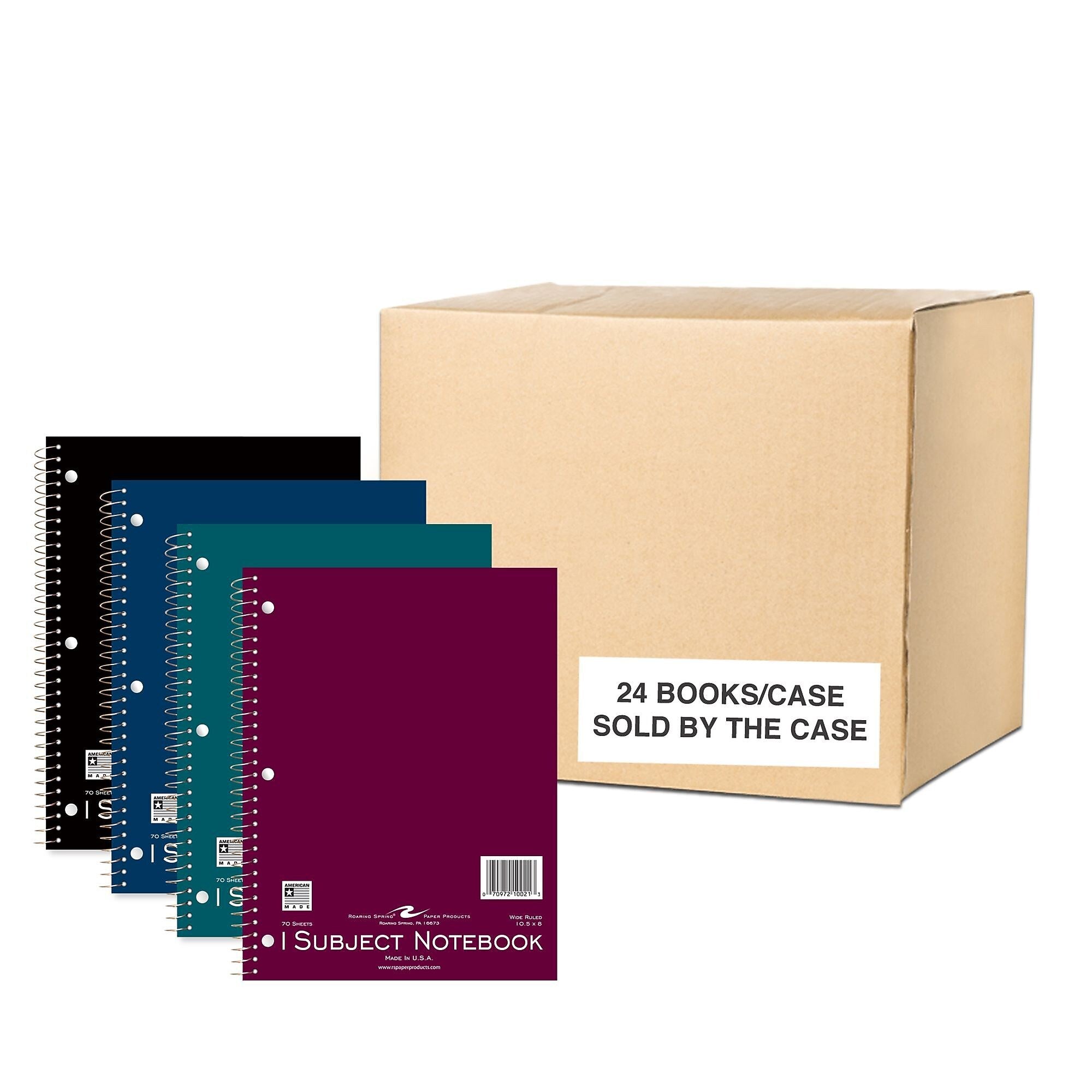 Roaring Spring Paper Products 1-Subject Notebooks, 8" x 10.5", Wide Ruled, 70 Sheets, Assorted Colors, 24/Case (10021CS)