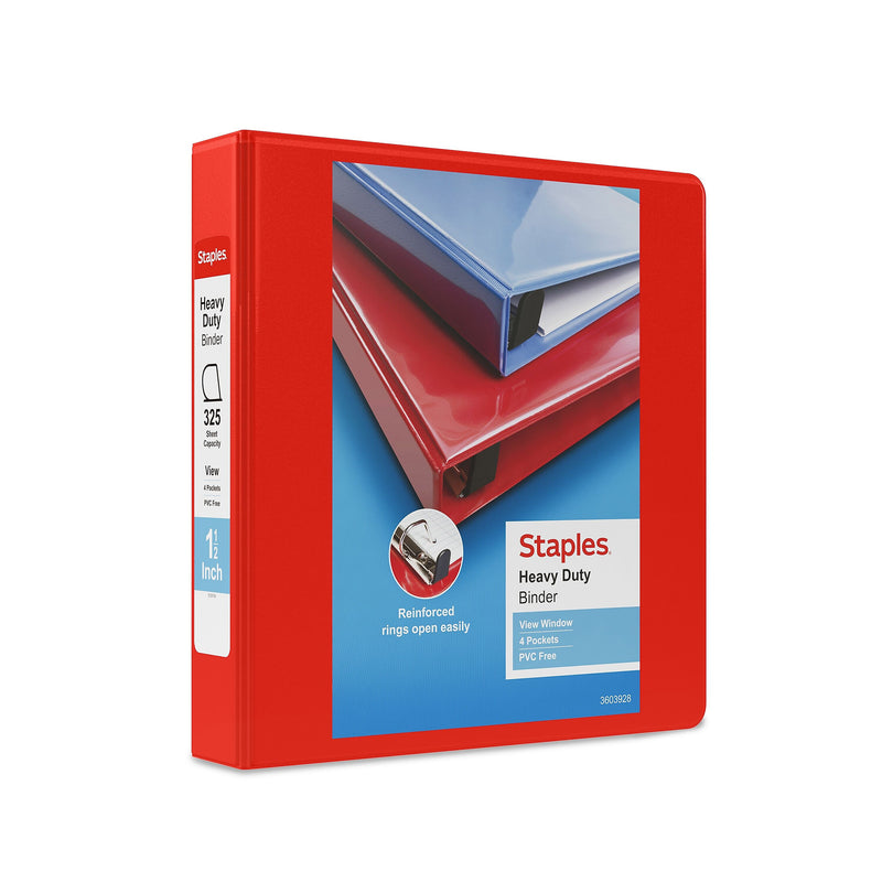 Staples Heavy Duty 1 1/2" 3-Ring View Binder, D-Ring, Red (ST56296-CC)