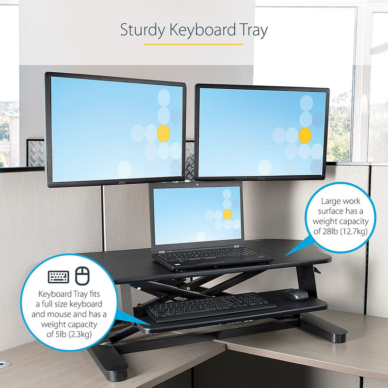 StarTech Adjustable Large Surface Corner Sit Stand Desk Converter for Dual Monitors, Keyboard Tray, 35" x 21" (ARMSTSCORNR)