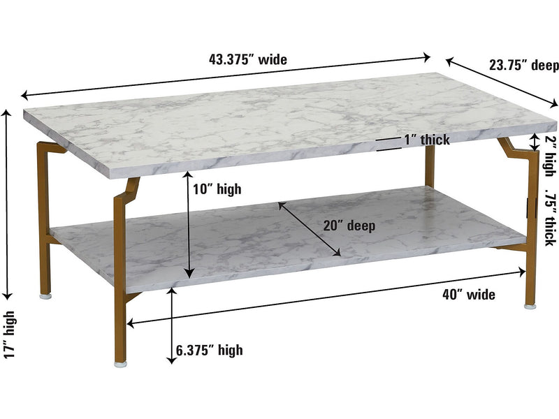 Household Essentials Crown 43.3"W x 23.6"D Laminate Coffee Table, White Marble/Gold (8237-1)