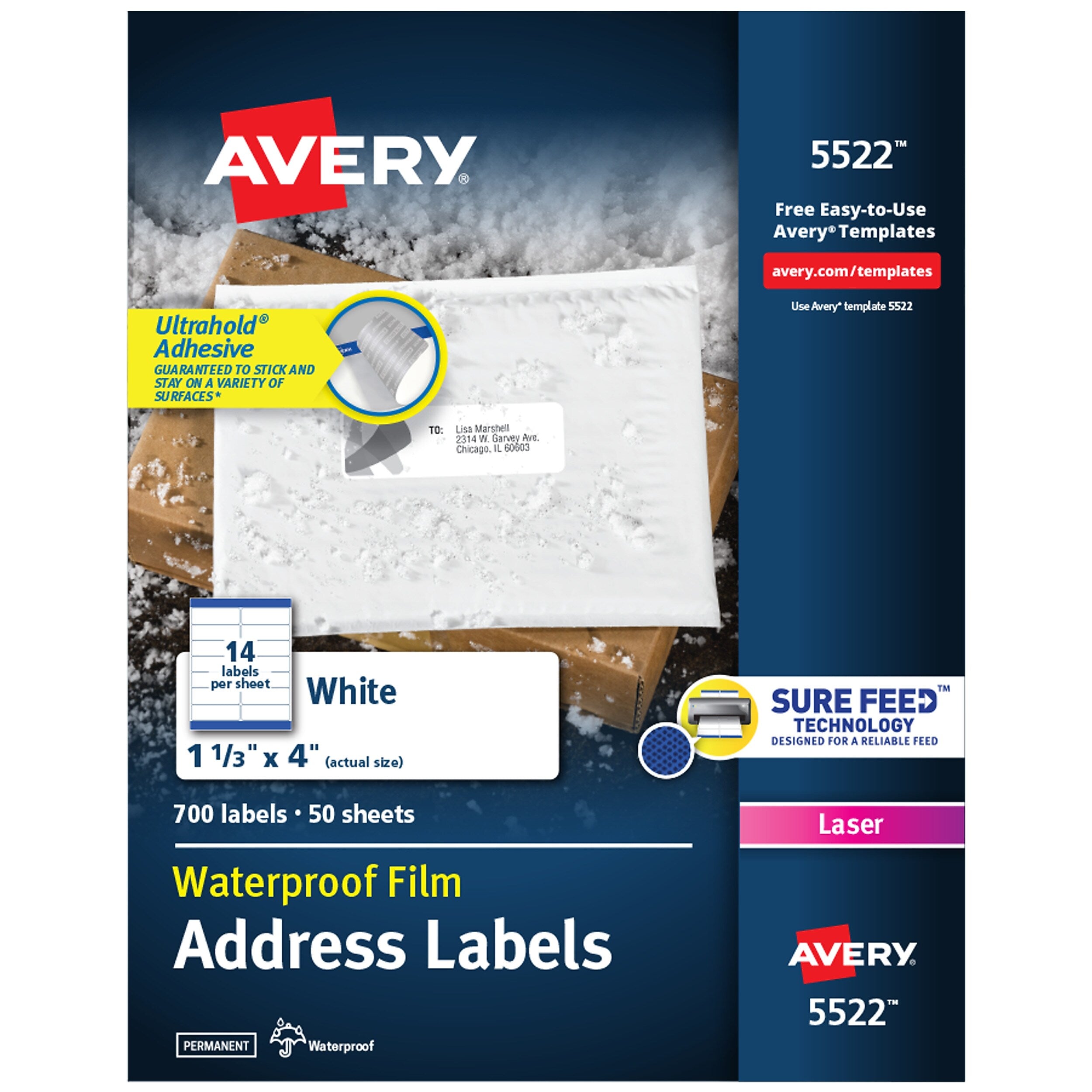Avery Waterproof Laser Address Labels, 1-1/3" x 4", Matte White, 700 Labels/Box (5522)