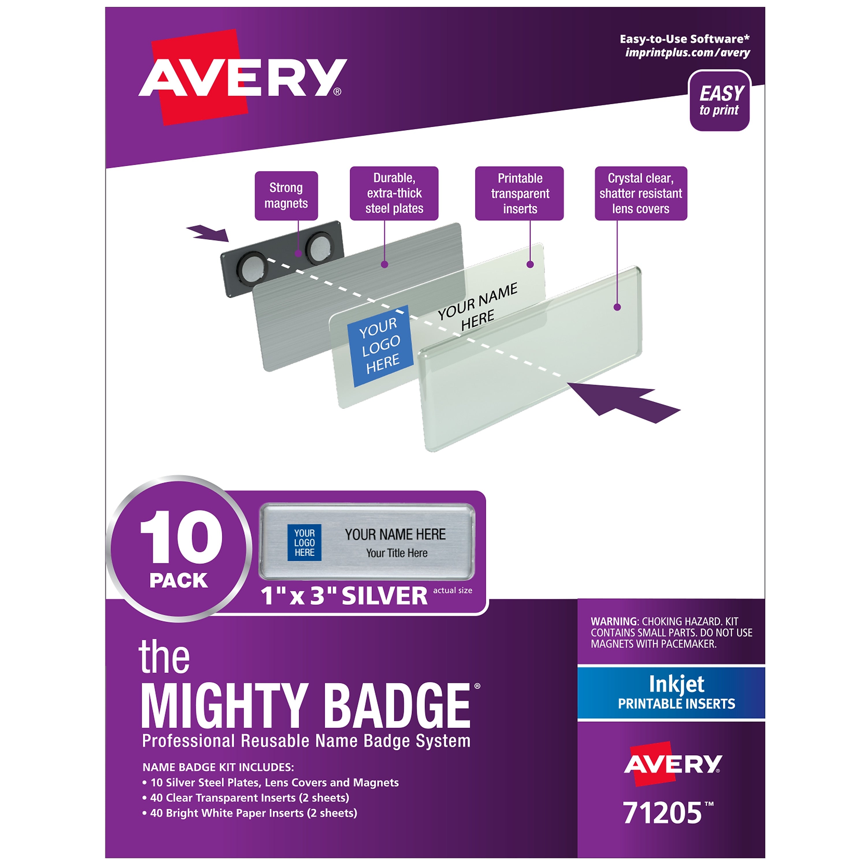 Avery The Mighty Badge Inkjet Reusable  Magnetic Name Badge System, 1" x 3", Silver, 80 Inserts, 10/Pack (71205)