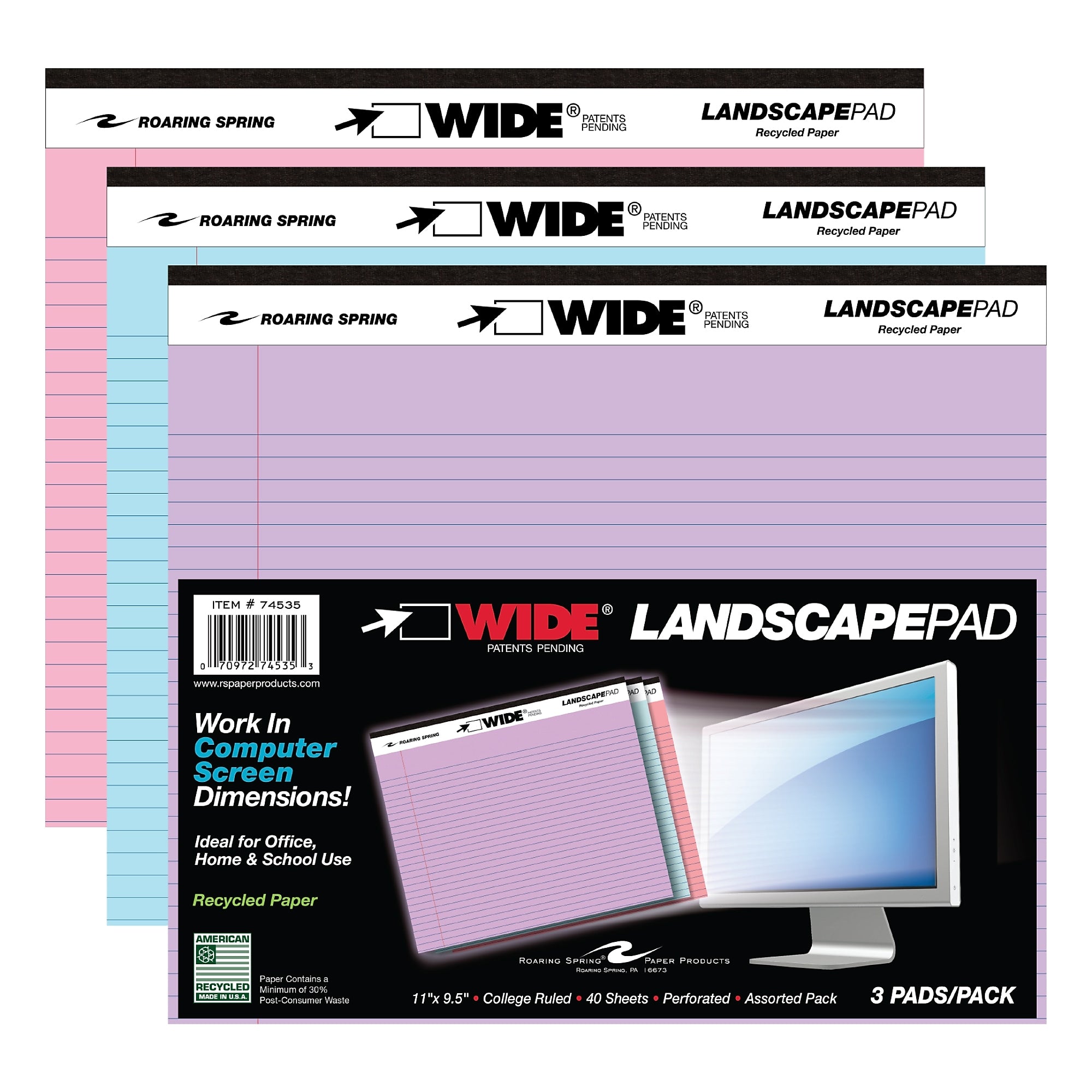 Roaring Spring WIDE Landscape Notepad, College Ruled, 11" x 9.5", Assorted Colors, 40 Sheets, 3/Pack (74535)