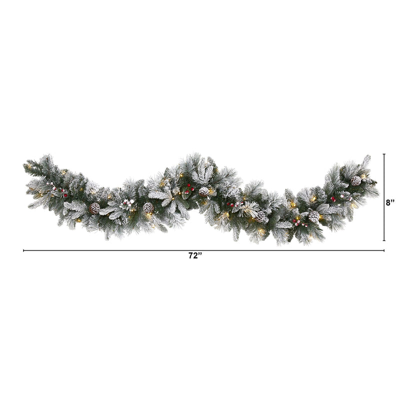 Nearly Natural 6-ft Flocked Mixed Pine Artificial Christmas Garland with 50 LED Lights, Pine Cones and Berries (W1130)