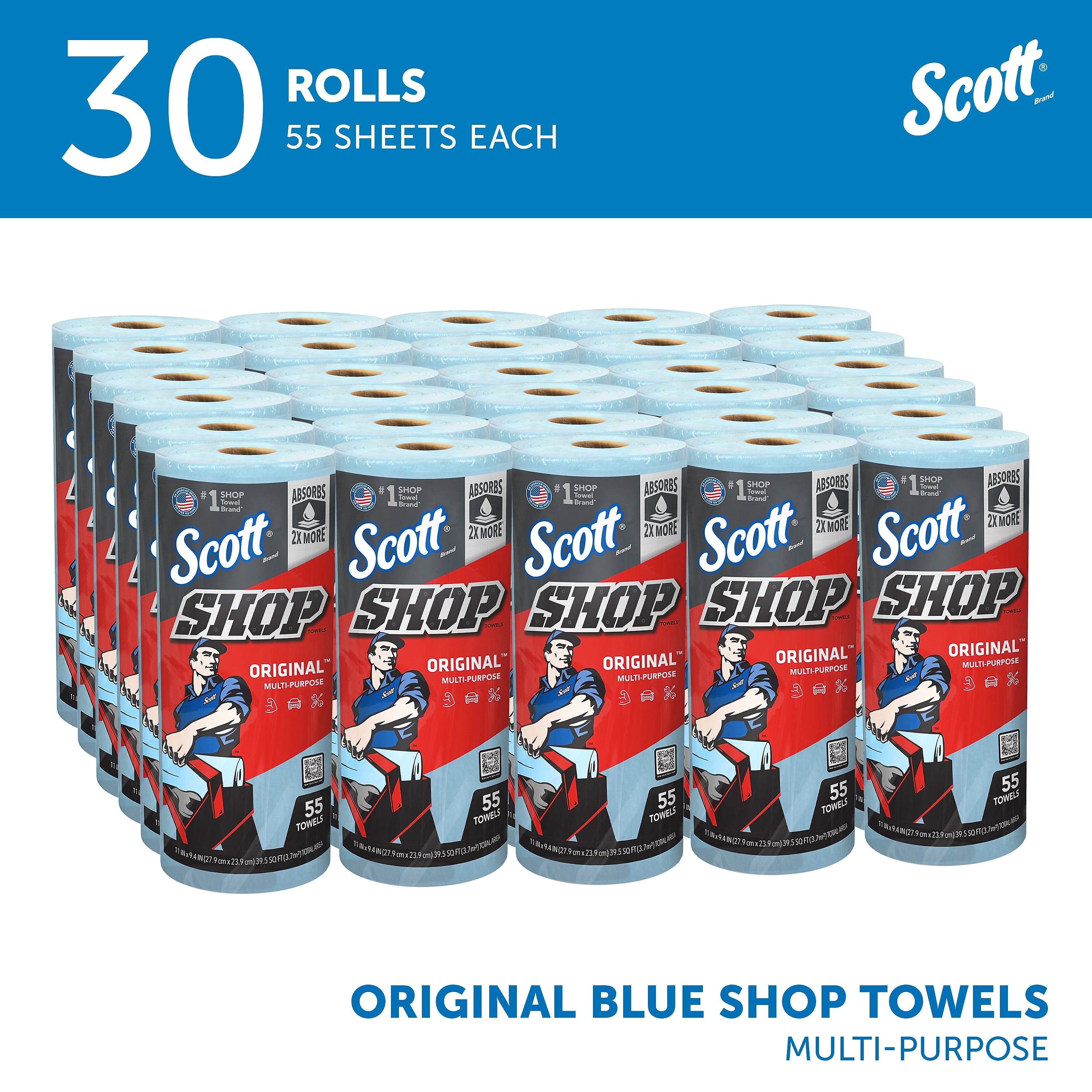 Scott Shop Towels Original, 9.4" x 11", Blue, 55 Sheets/Roll, 30 Rolls/Carton (75130)