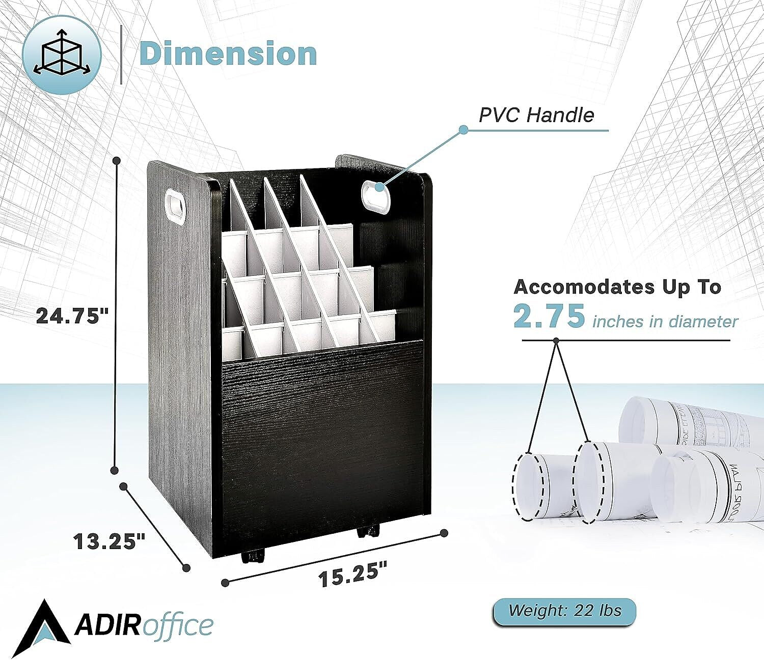 AdirOffice 20-Slot Mobile Roll File, 24.75" H x 15.25" W x 13.25" D, Black (624-BLK-KIT1)