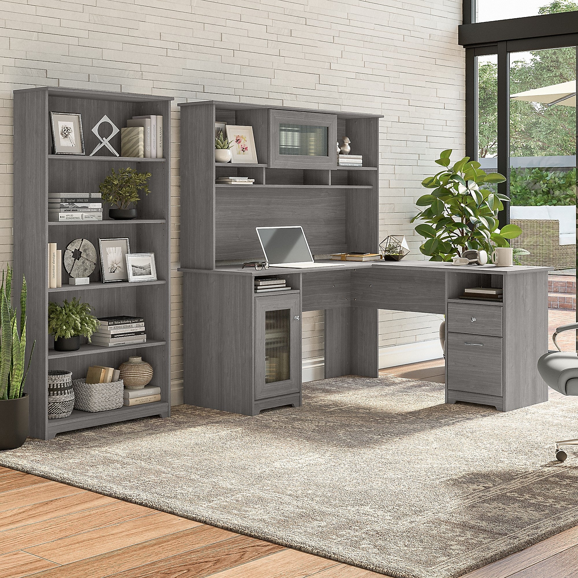 Bush Furniture Cabot 60"W L Shaped Computer Desk with Hutch and 5 Shelf Bookcase, Modern Gray (CAB011MG)