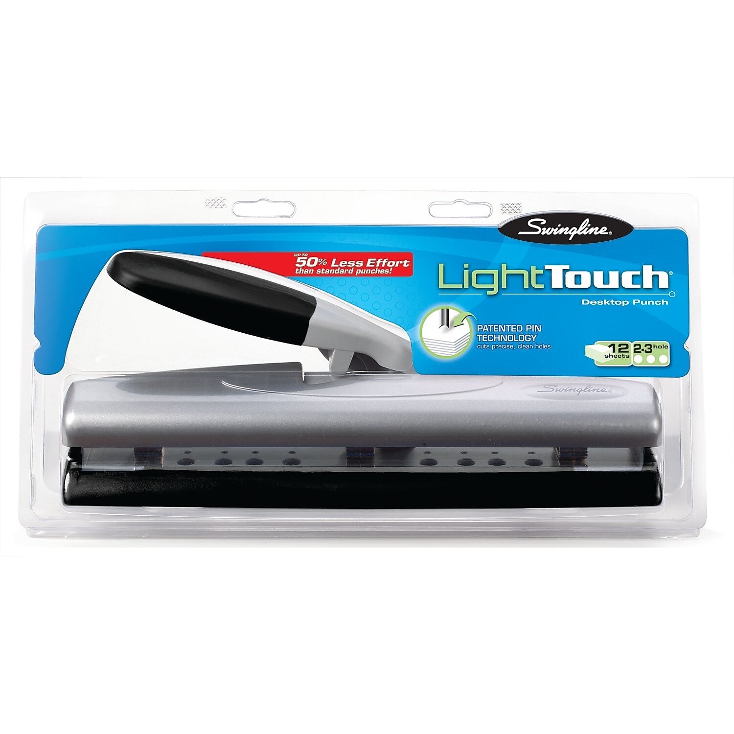 Swingline LightTouch Desktop Adjustable Hole Punch, 12 Sheet Capacity, Black/Silver (74026)
