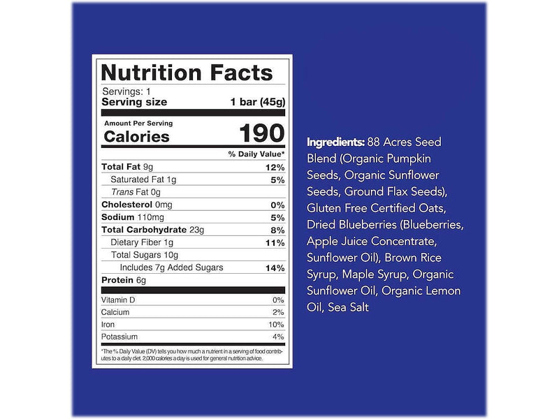 88 Acres Warm 'N' Chewy Gluten-Free Blueberry/Lemon Seed and Oat Bar, 1.6 oz., 9 Bars/Box (315104)
