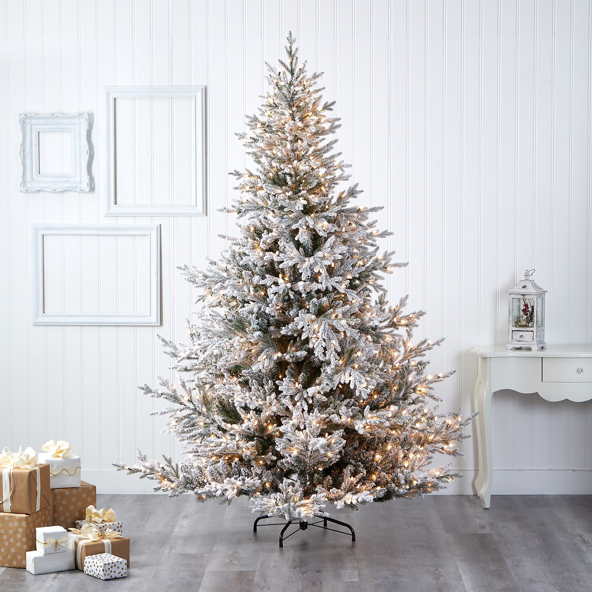 Nearly Natural 8-ft Flocked Fraser Fir Artificial Christmas Tree with 800 Warm White Lights and 4892 Bendable Branches (T1870)