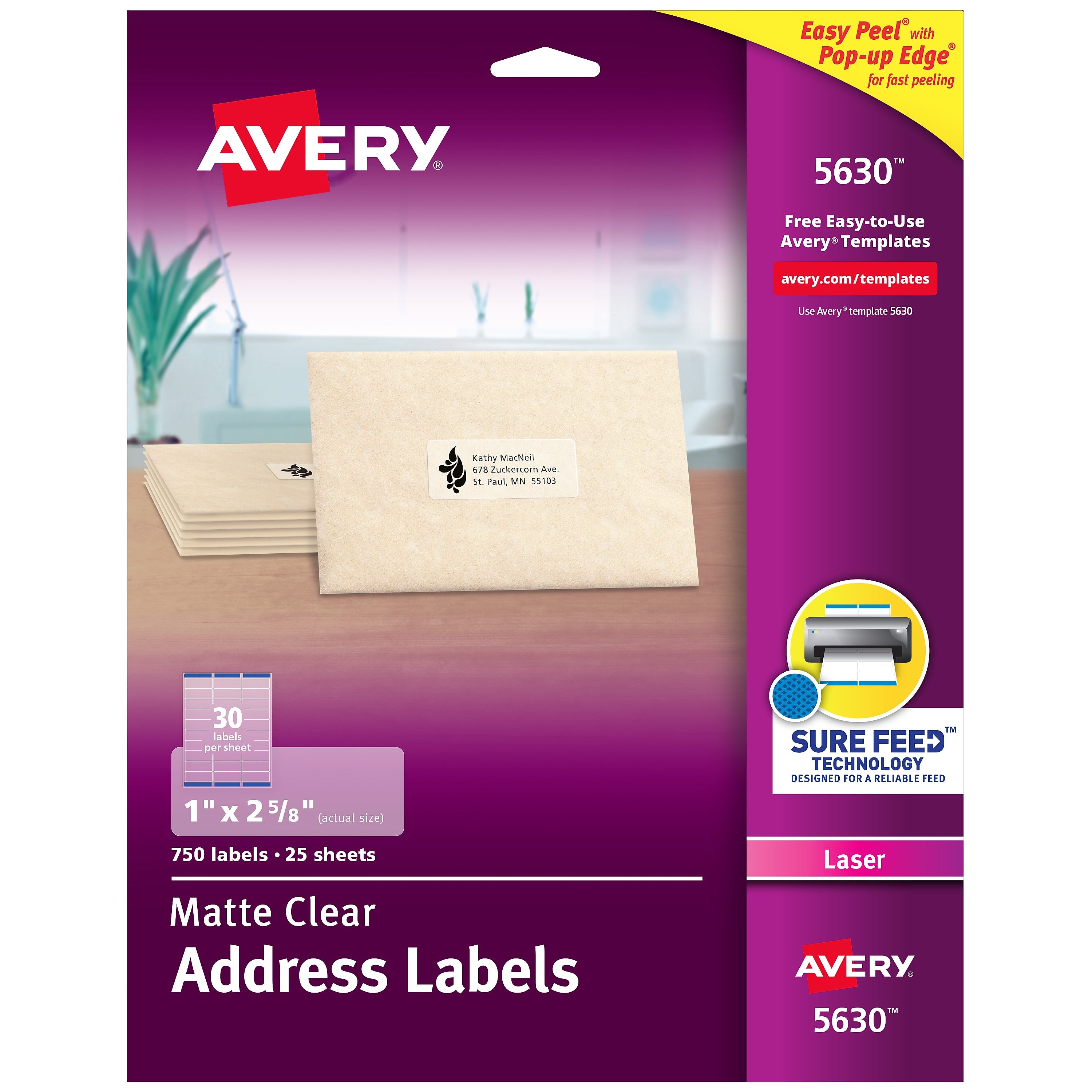 Avery Easy Peel Laser Address Labels, 1" x 2-5/8", Clear, 750 Labels/Pack (5630)